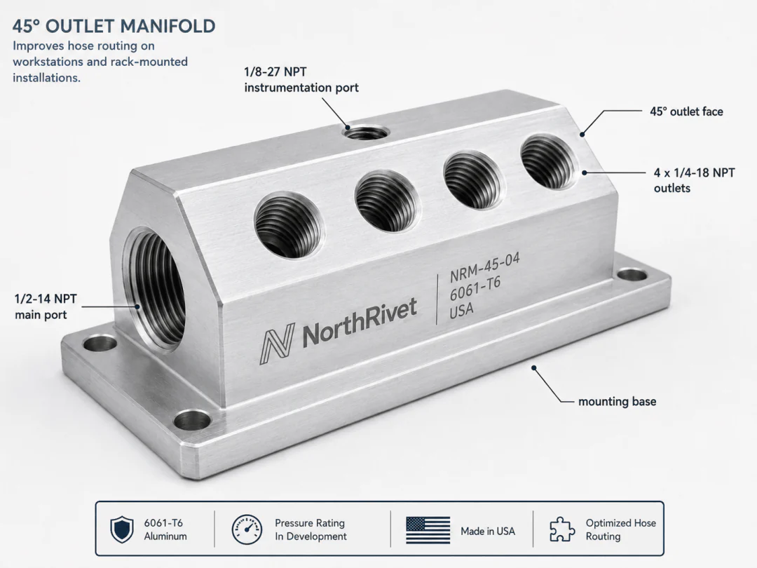 North Rivet NRM-45-04 6061 aluminum pneumatic manifold concept with four 45-degree outlet ports and an instrumentation port