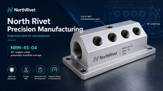 North Rivet NRM-45-04 45 degree angled-outlet pneumatic manifold concept rendering